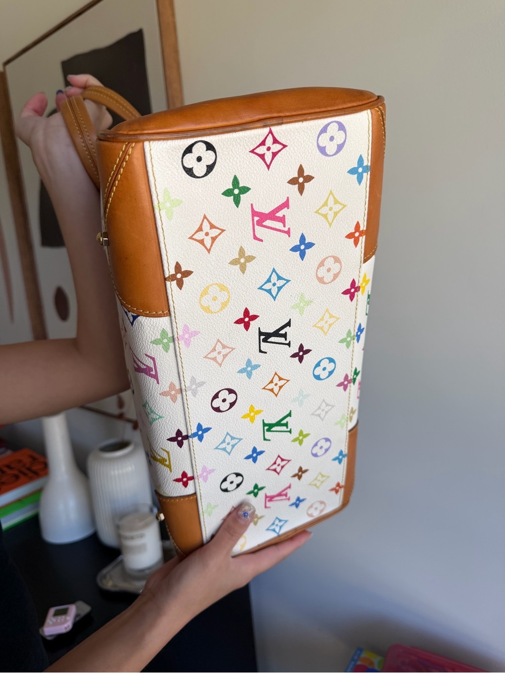 Louis Vuitton White Multicolor Monogram Canvas Shoulder Bag with Tan Leather - Picture 3 of 7